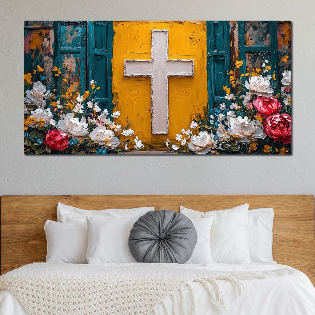 Tablou Canvas Premium LuxCanva® H1057, Evlavie Florala, Credinta, Cruce, Flori, Gradina, Lumina, Rasarit, Speranta, Puritate, Spiritualitate, Simbol Sacru, Living, Dormitor