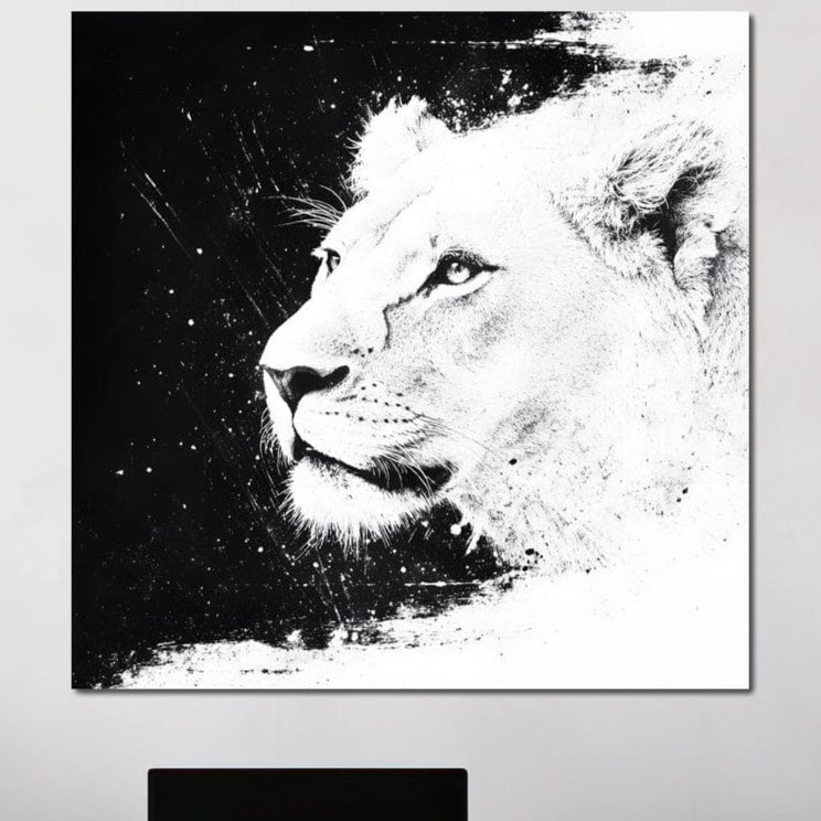 tablou canvas cu un chip de leoaica redat in alb si negru, pe fundal intunecat