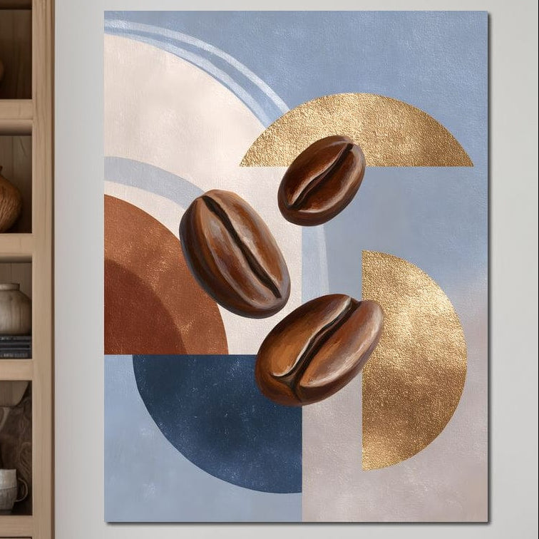 tablou canvas cu trei boabe de cafea pe fundal abstract in nuante reci de albastru in combinatie cu elemente calde, aurii si maro