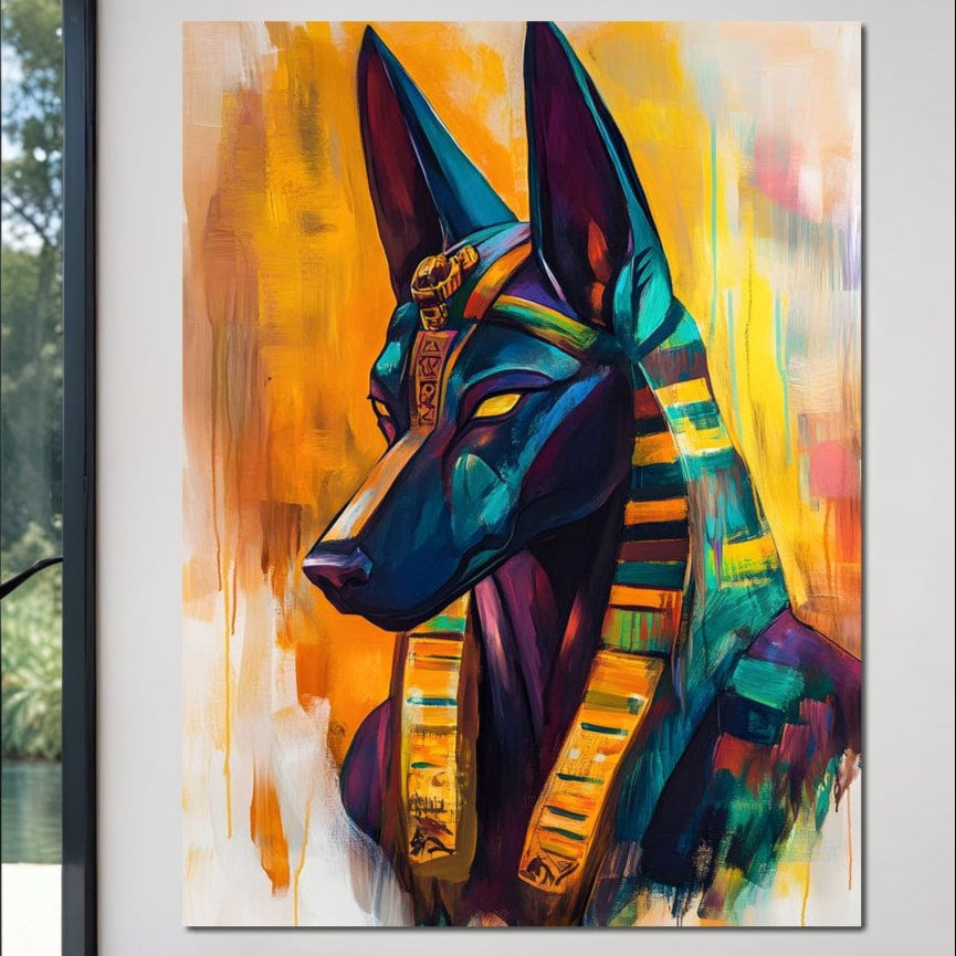 tablou canvas cu portretul zeului egiptean Anubis, reinterpretat modern in nuante vibrante de albastru regal, auriu si mov, pe fundal abstract galben