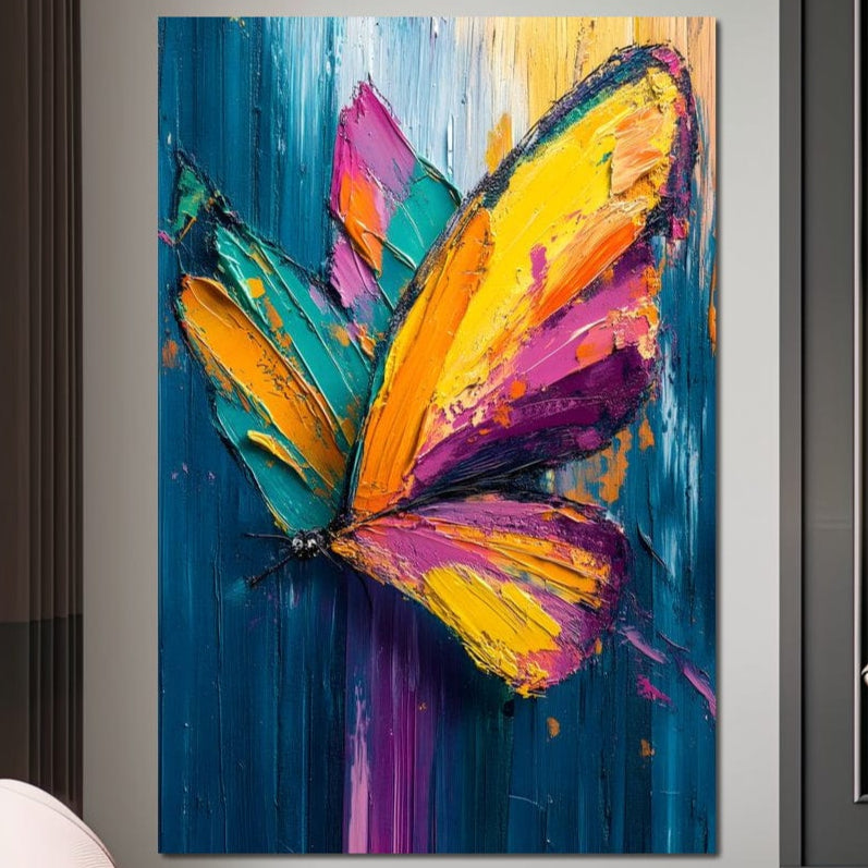 tablou canvas cu un fluture multicolor, pe fundal abstract pictat in vopsea groasa