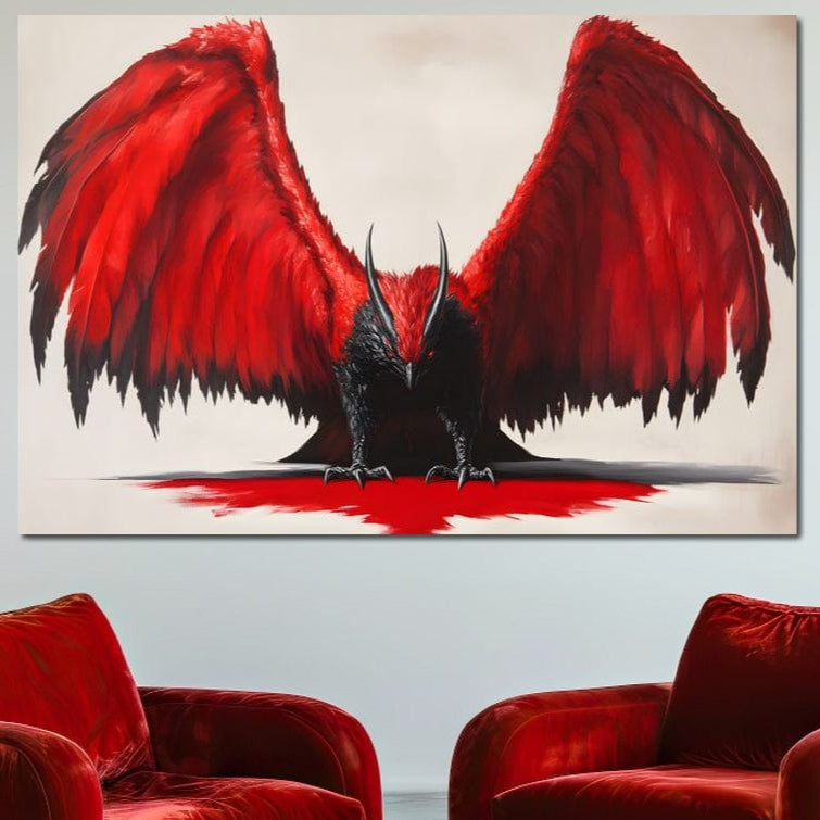 tablou canvas cu o pasare mitologica neagra cu aripi rosii, pe fundal alb