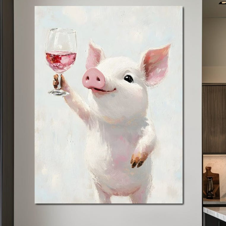 tablou canvas cu un purcelus roz tinand un toast cu un pahar de vin rosu pe fundal deschis