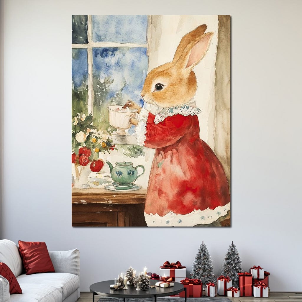 Tablou Canvas Premium LuxCanva® D1047, Iepurasul Rosu si Aroma Ceaiului ,  Iepure, Ceai, Fereastra, Nostalgie, Elegant, Living Room, Culori vibrante