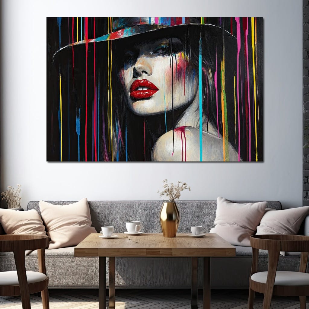 Tablou Canvas Premium, LuxCanva® G1099, Drama Culorilor, Glam, Neon, Buze, Rosii, Excentric, Gratii, Palarie, Portret, Feminism, Living, Dormitor