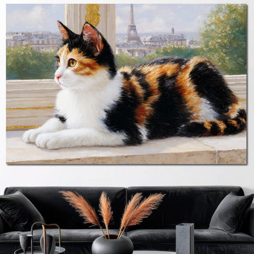tablou canvas cu o pisica calico relaxata pe pervaz, cu Turnul Eiffel pe fundal