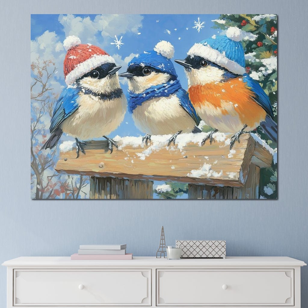 Tablou Canvas Premium LuxCanva® D1041, Pasarile Melodioase , Vrabiute, Caciulite, Creanga, Cantec, Iarna, Living Room, Culori vibrante