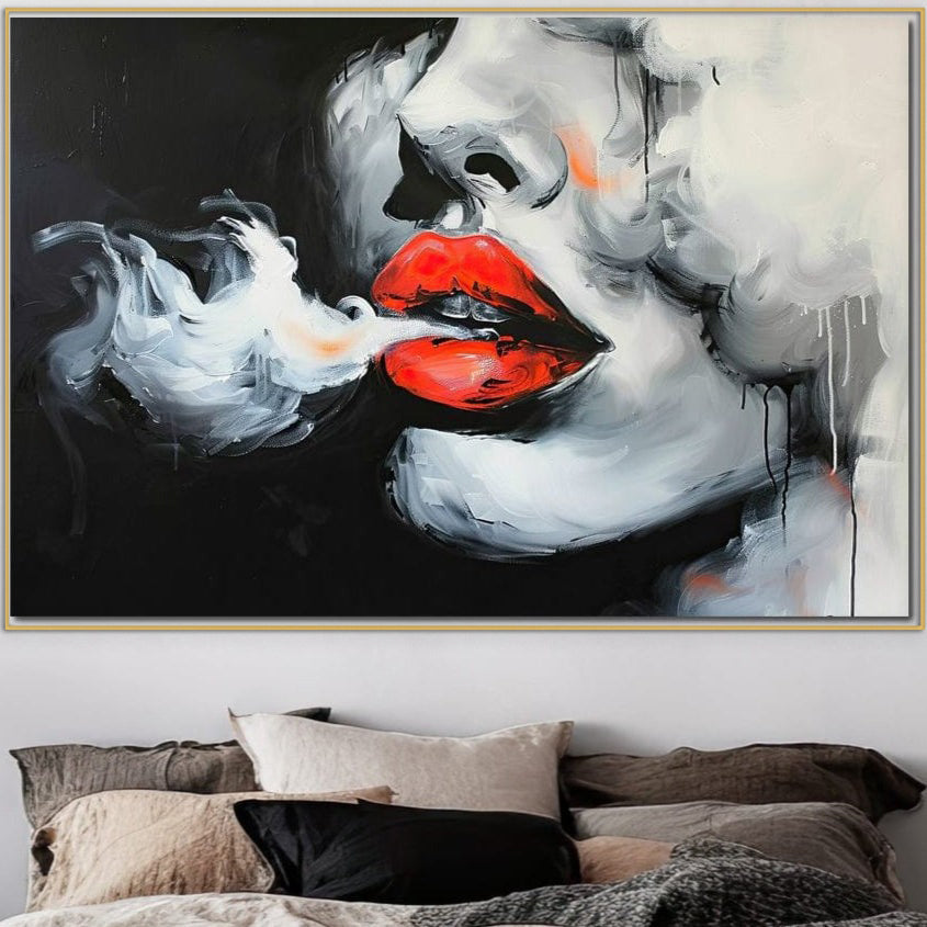 Tablou Canvas Premium, LuxCanva® G1190, Arome Interzise, Buze, Rosu, Fum, Tutun, Tigara, Abur, Pasiune, Bar, Noapte, Catifea, Foc, Seductie, Ceata, Oras, Club, Birou, Living, Dormitor