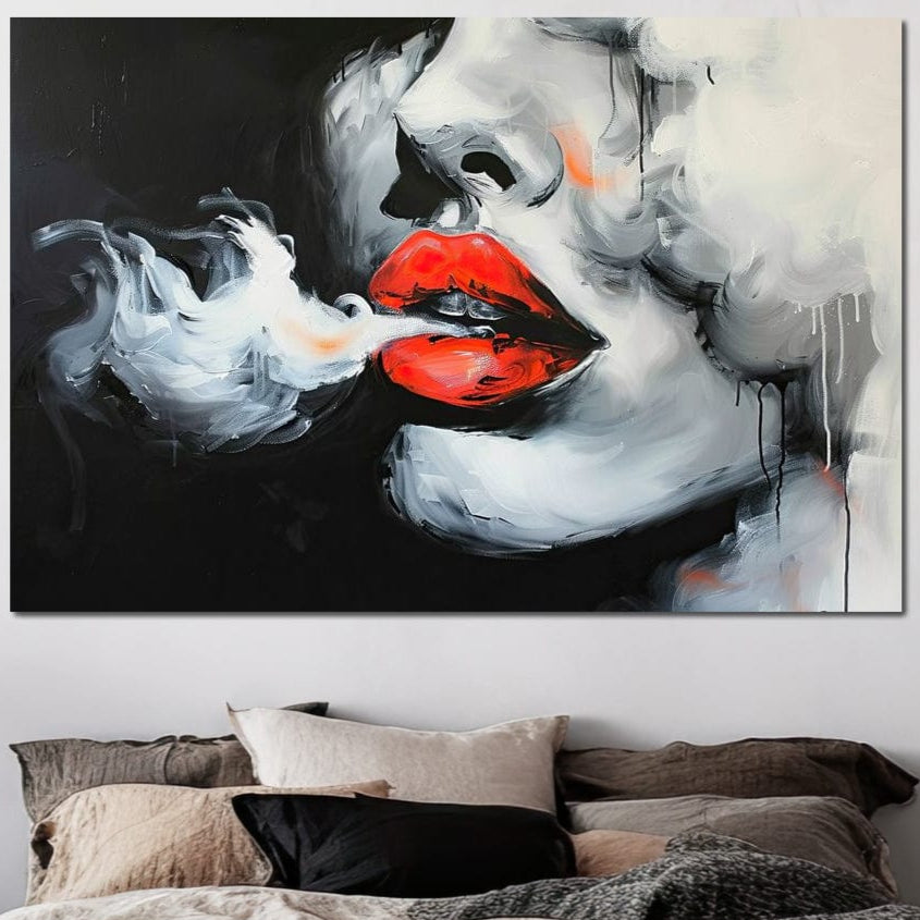 Tablou Canvas Premium, LuxCanva® G1190, Arome Interzise, Buze, Rosu, Fum, Tutun, Tigara, Abur, Pasiune, Bar, Noapte, Catifea, Foc, Seductie, Ceata, Oras, Club, Birou, Living, Dormitor