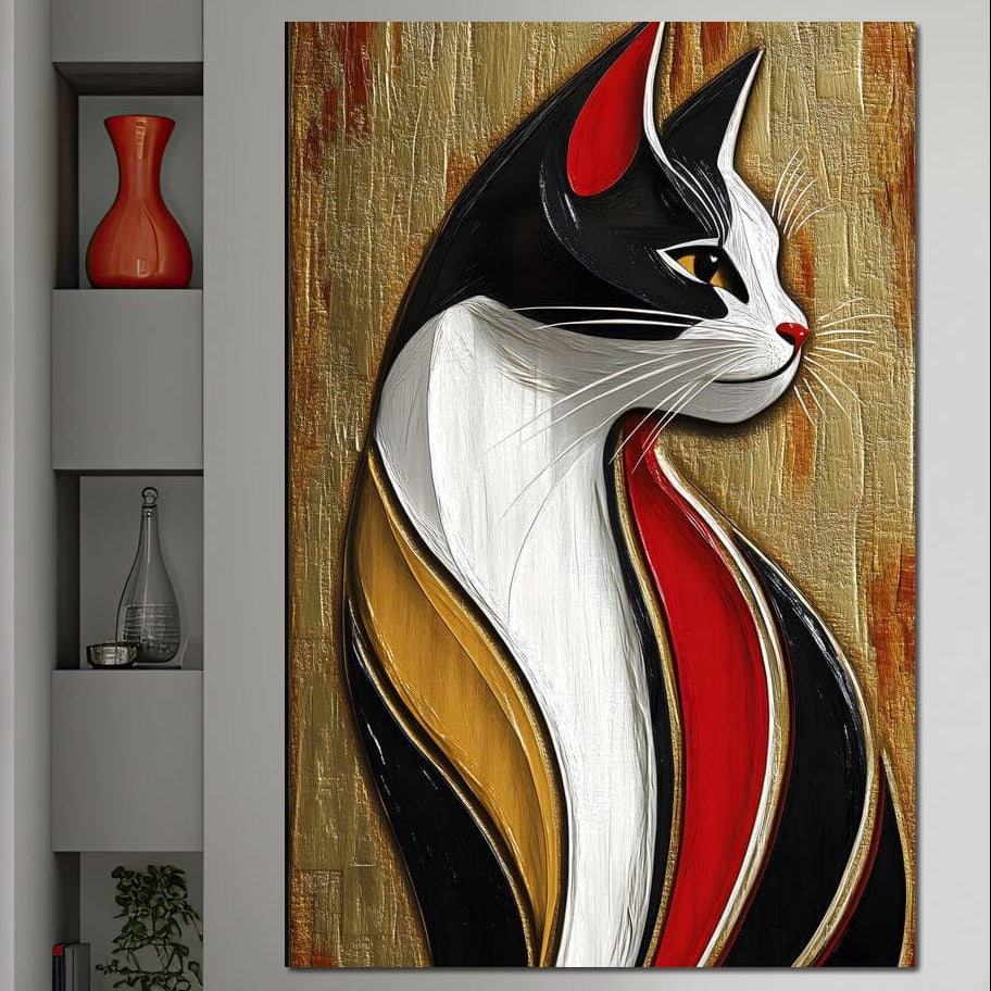 tablou canvas cu o pisica eleganta, in tonuri calde de rosu, negru si auriu, pe fundal cu textura lemnoasa artistica