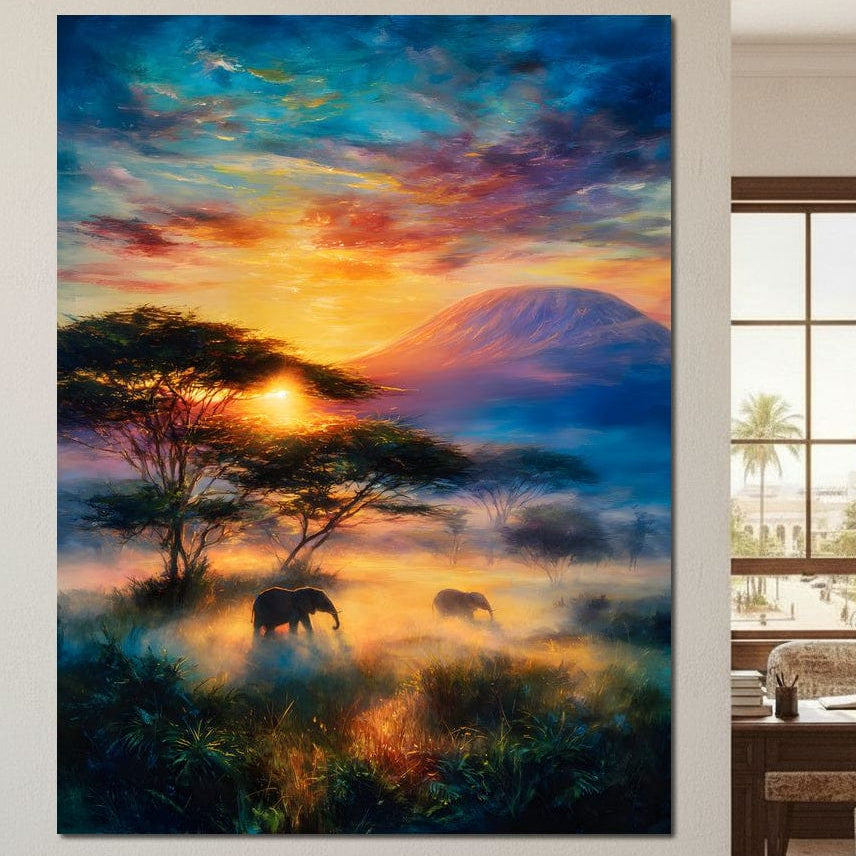 tablou canvas cu un peisaj de savana la apus de soare, cu elefanti prin iarba