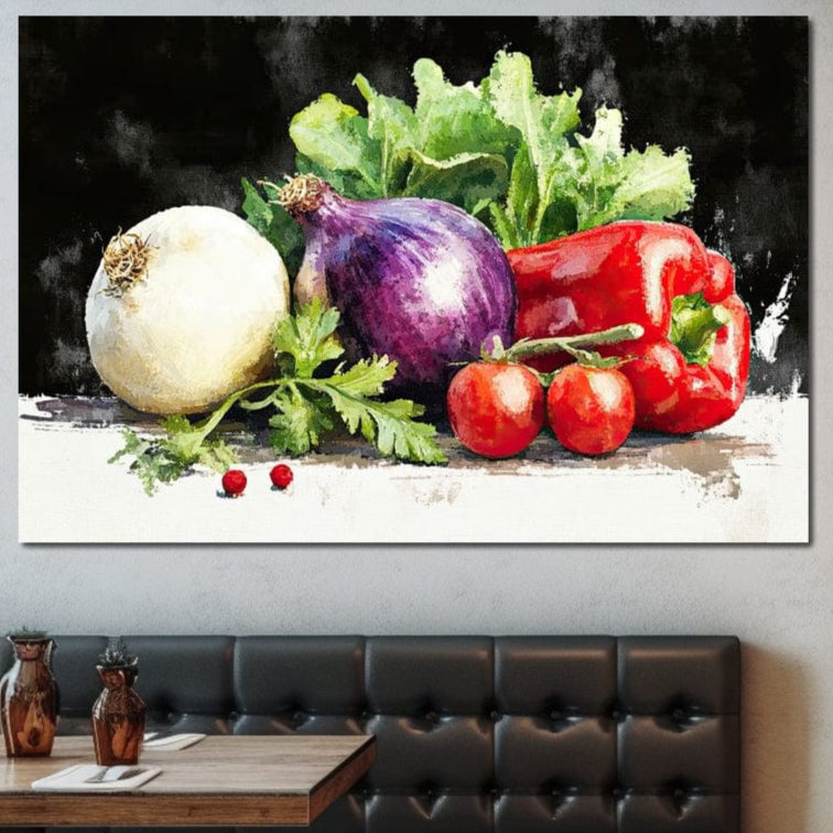 tablou canvas cu multe legume de gradina si verdeturi, pictate pe fundal negru