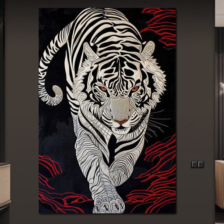 tablou canvas cu un tigru alb desenat in stil oriental, pe fundal intunecat cu accente rosii
