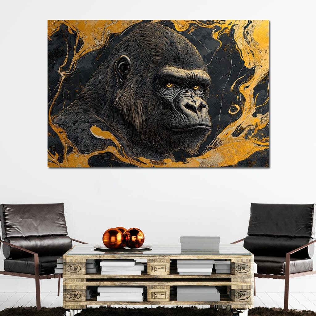 tablou canvas cu o gorila surprinsa din profil, pe fundal negru cu detalii galben-aurii stil pictura