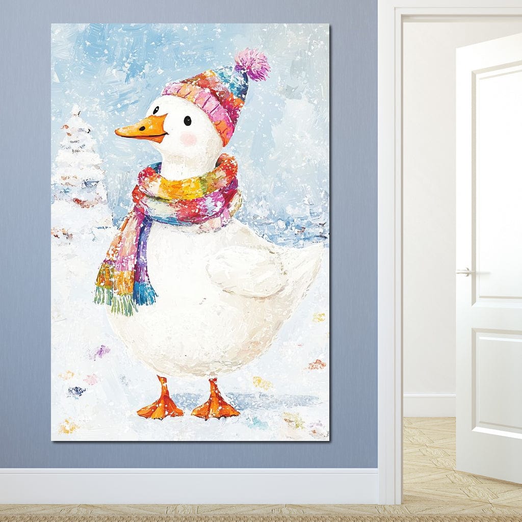 Tablou Canvas Premium LuxCanva® D1048, Rata Vesela in Straie de Iarna , Rata, Iarna, Fular, Zambet, Caciula, Living Room, Culori vibrante