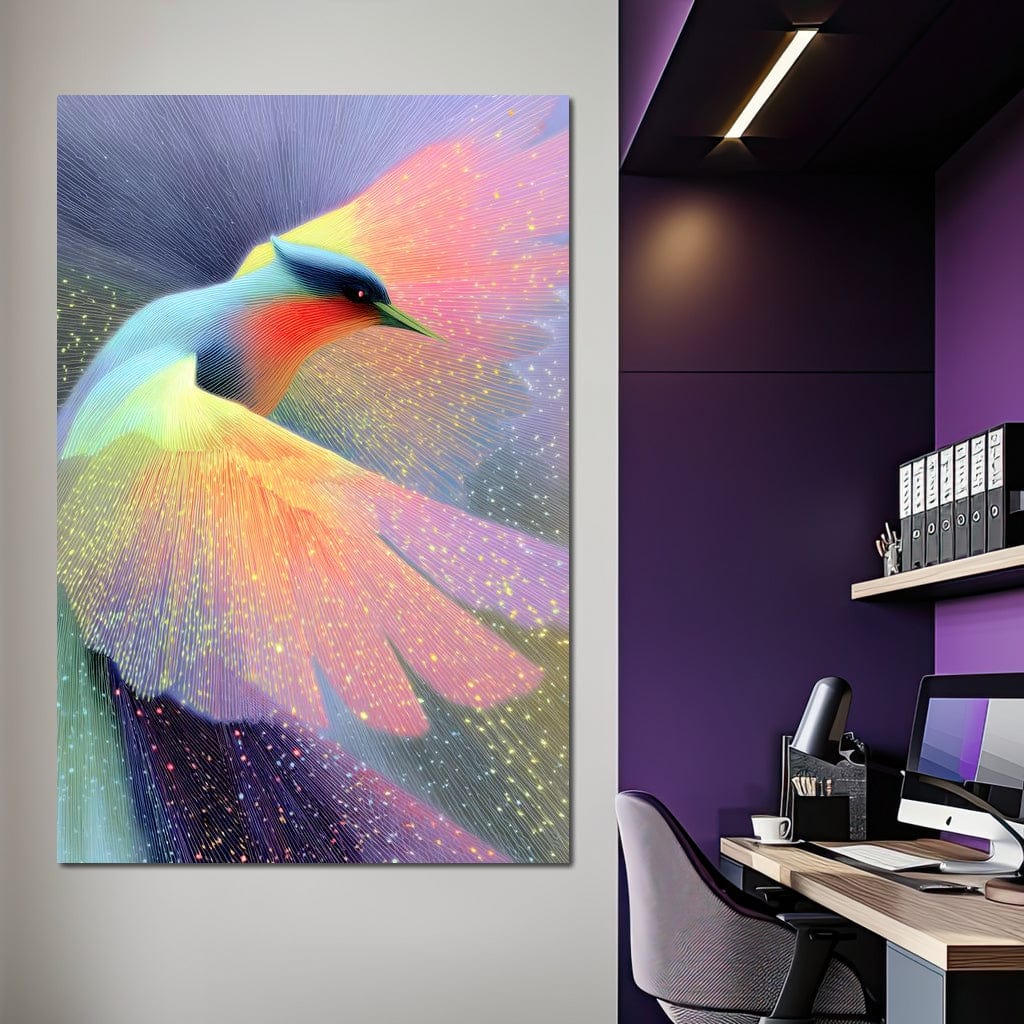 tablou canvas cu o pasare mistica, cu aripile deschise in zbor, in culori pastelate si vibrante cu sclipiri aurii