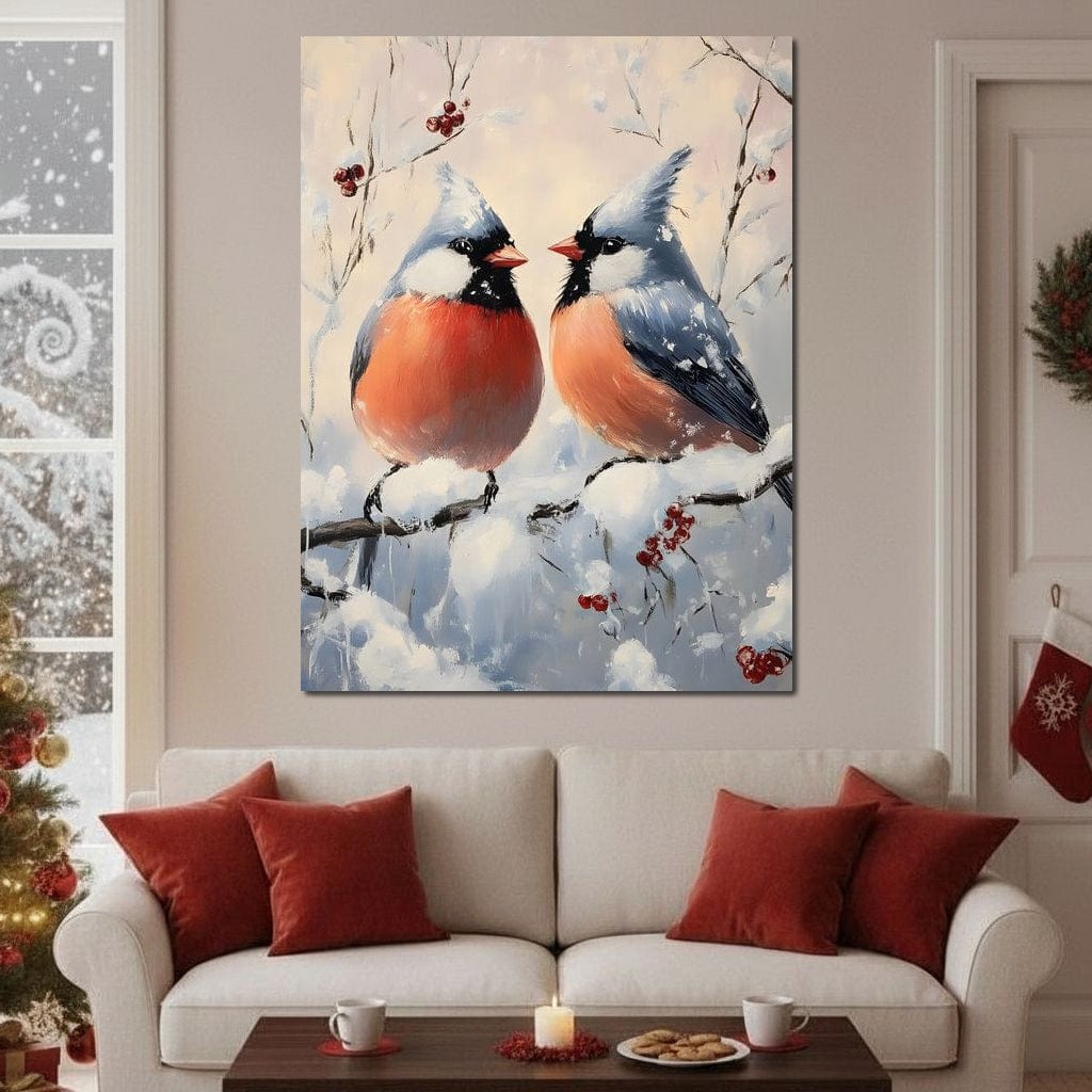 Tablou Canvas Premium, LuxCanva® D1109, Iubire Printre Fulgi, Cantec, Pereche, Iarna, Natura, Padure, Copac, Ramura, Cardinali, Cuplu, Iubire, Armonie, Pace, Zapada, Living, Dormitor