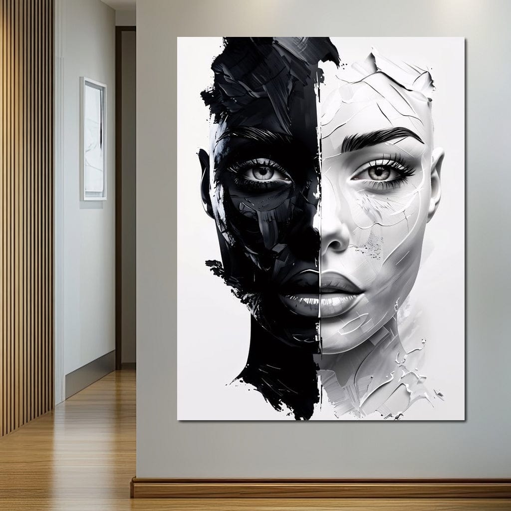 Tablou Canvas Premium, LuxCanva® G1163, Doua Fete, Un Suflet, Dualitate, Alb, Negru, Monocrom, Yin, Yang, Lumina, Impact, Negura, Armonie, Chipuri, Femei, Inima, Birou, Living, Dormitor