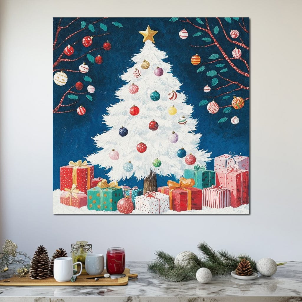 Tablou Canvas Premium LuxCanva® D1051, Farmecul Bradului Alb de Craciun ,  Bradut, Alb, Globulete, Cadouti, Ajun, Copilarie, Living Room, Culori vibrante