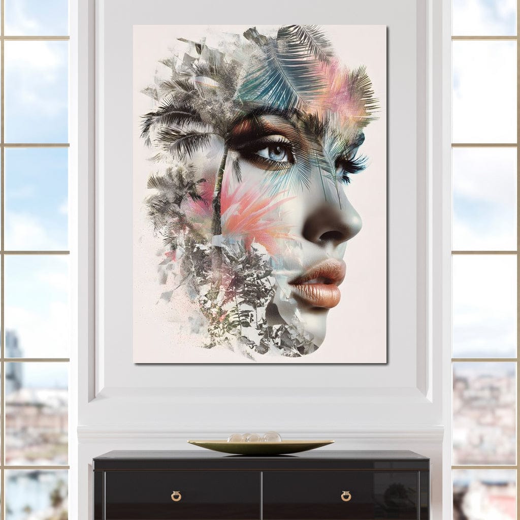 Tablou Canvas Premium, LuxCanva® G1236, Suflet Tropical,  Vis, Palmier, Natura, Paradis, Femeie, Soapta, Vant, Lumina, Verde, Jungla, Culori, Pastel, Frumusete, Poezie, Oniric, Salon, Living, Dormitor