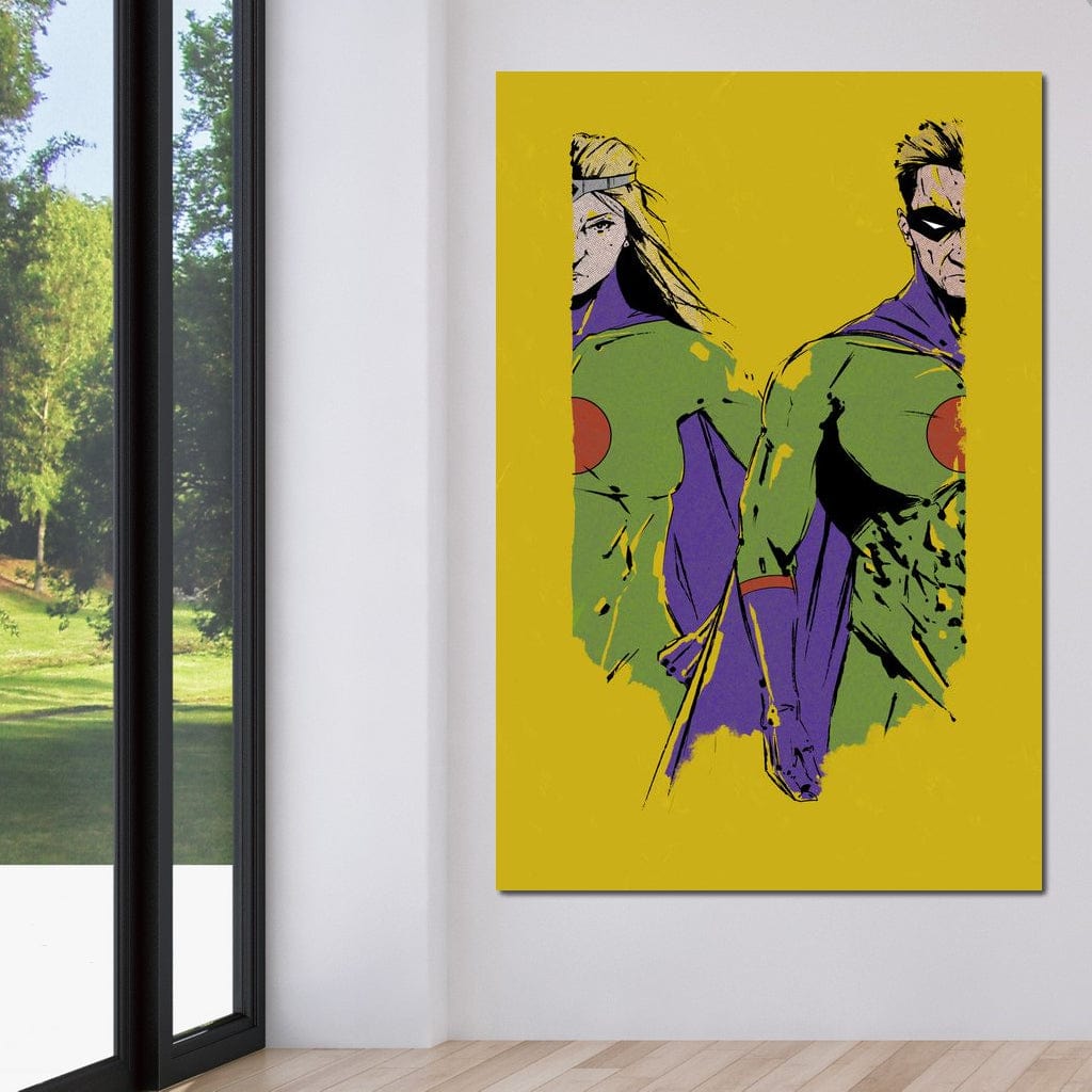 Tablou Canvas Premium, LuxCanva® K1013, Eroii Din Povesti, Duo, Misiune, Curaj, Gardieni, Galaxie, Eroi, Fantastici, Scut, Galben, Supereroi, Benzi, Desenate, Camera Copii