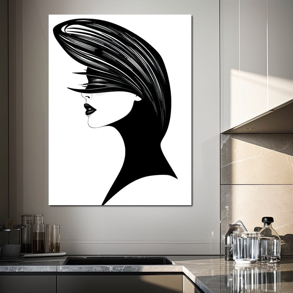 Tablou Canvas Premium, LuxCanva® G1131, Femeia din Umbra,Profil, Mister, Silueta, Stilizat, Alb, Negru, Eleganta, Moda, Arta, Minimalist, Lux, Rafinament, Birou, Living