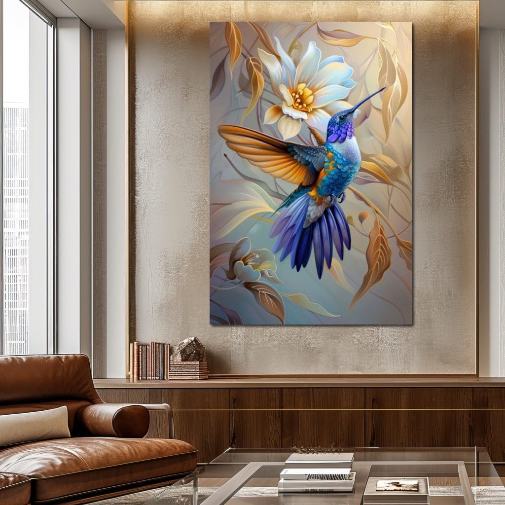 tablou canvas cu o pasare colibri multicolora in zbor langa o floare alba  deschisa