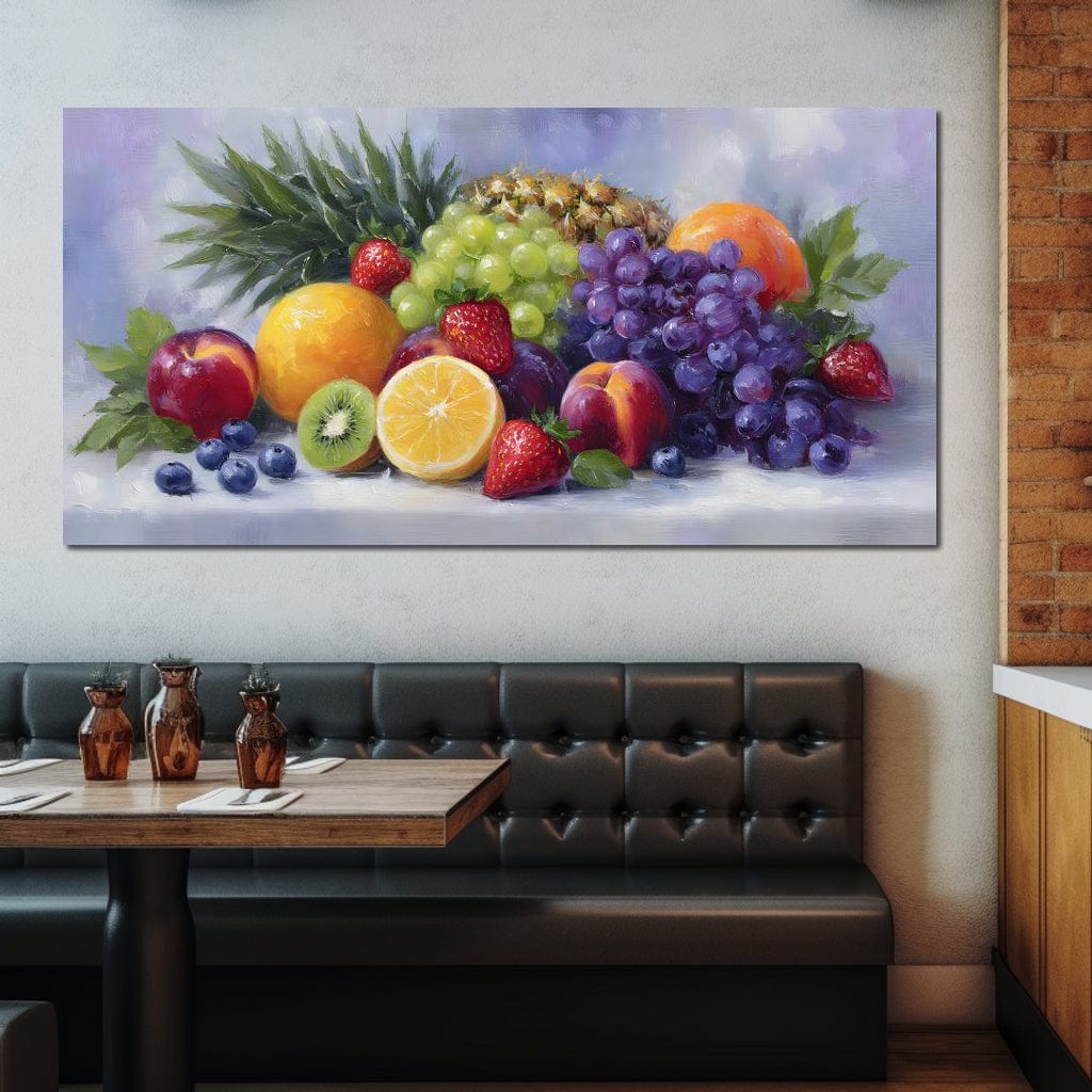 tablou canvas cu o multitudine de fructe exotice, struguri, portocale, capsuni, afine, ananas si piersici pictate pe un cadru deschis