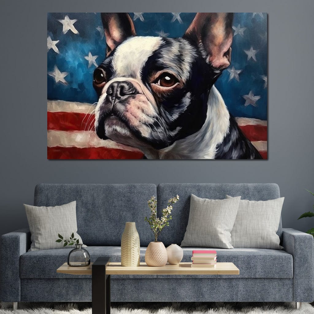 tablou canvas cu un caine boston terrier surprins din profil, pe fundal pictat cu steagul Americii 