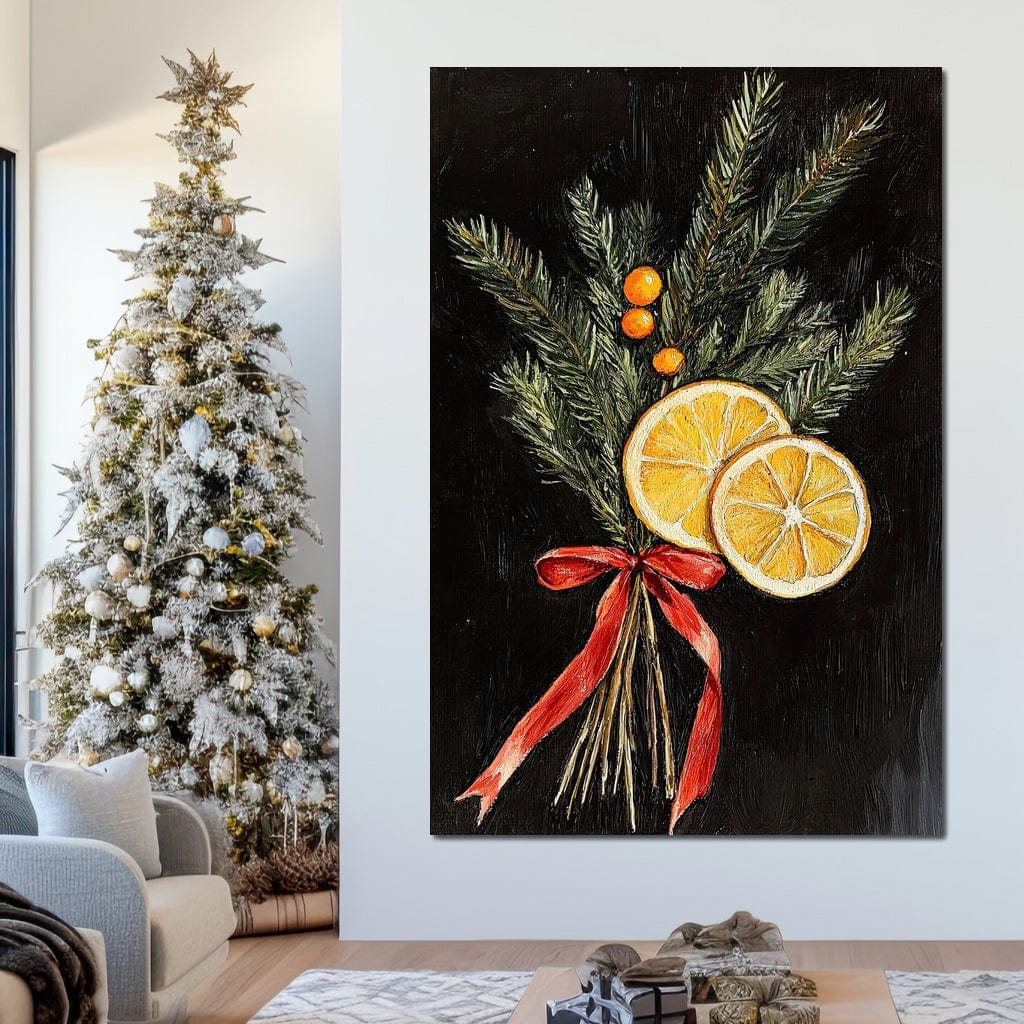 Tablou Canvas Premium LuxCanva® D1015, Ramuri Aromate de Brad , Ramuri, Brad, Portocale, Miros, Living Room, Culori vibrante