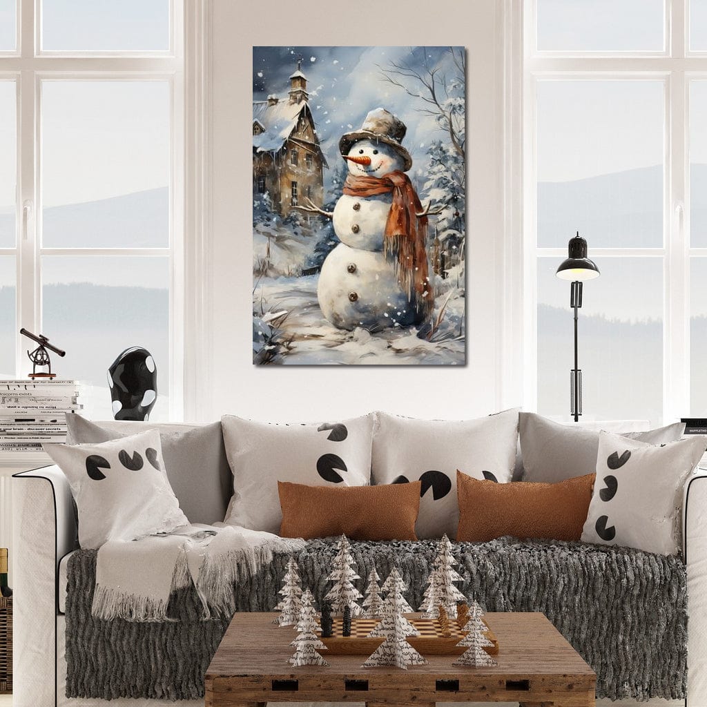 Tablou Canvas Premium LuxCanva® D1023, Zambetul Omului de Zapada , Fular, Palarie, SnowMan, Curte, Copii, Living Room, Culori vibrante