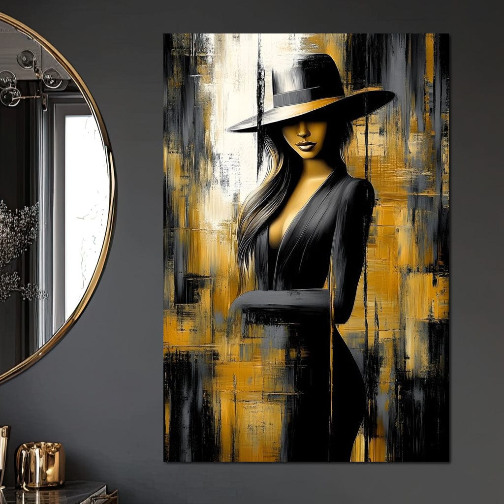 Tablou Canvas Premium, LuxCanva® G1173, Trecatoare prin Lumina, Oras, Necunoscuta, Boruri, Palarie, Silueta, Feminina, Auriu, Conceptual, Estetica, Cinematografic, Birou, Living, Dormitor