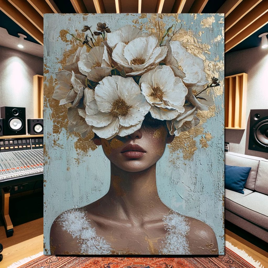 Tablou Canvas Premium LuxCanva® G1000, Ganduri Inflorite ,  Flori, Frumusete, Alb, Auriu, Petale, Estetica, Portret, Living, Dormitor, Culori vibrante