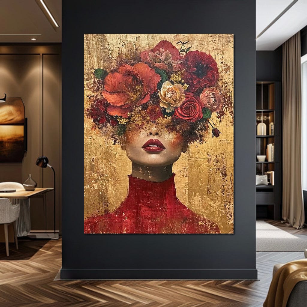 Tablou Canvas Premium LuxCanva® G1029, Femeia si Trandafirii , Natura, Petale, Trandafiri, Detalii, Portret, Romantism, Living, Dormitor, Culori vibrante