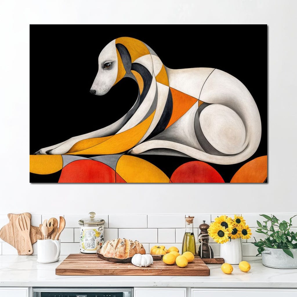 tablou canvas cu un caine desenat in forme abstracte pe fundal negru