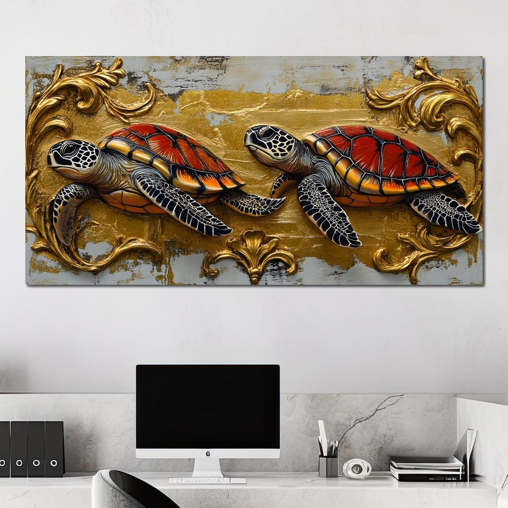 tablou canvas cu doua testoase cu carapace rosie pictate pe fundal auriu abstract