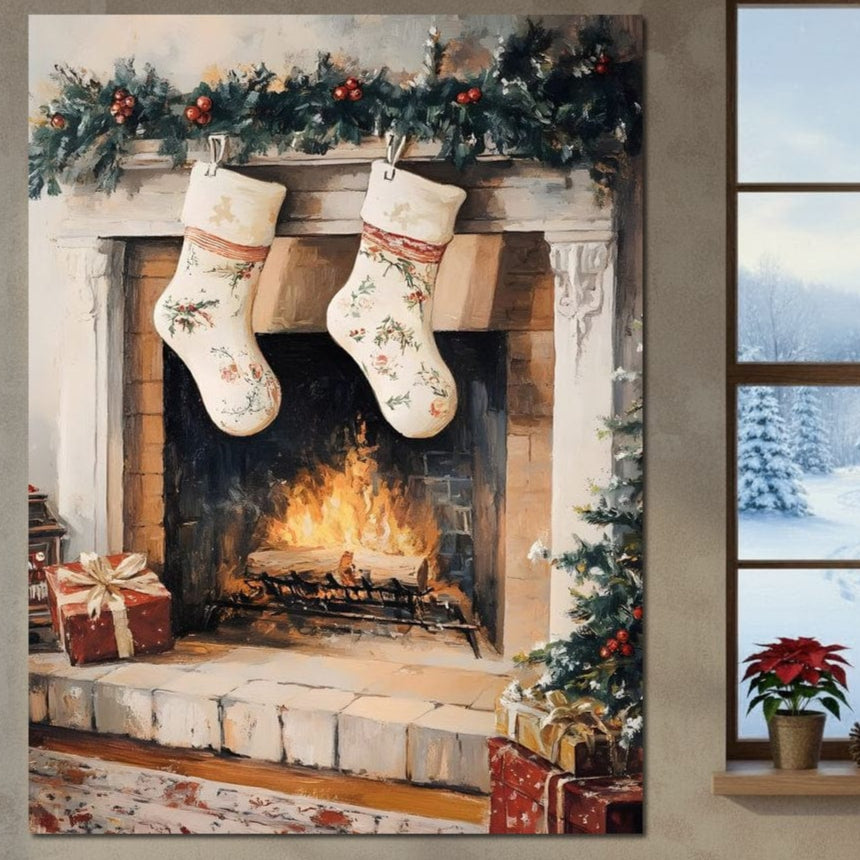 Tablou Canvas Premium, LuxCanva® D1062, Ciorapii Mosului, Iarna, Semineu, Aprins, Foc, Lemne, Ghirlanda, Brad, Magie, Mos Craciun, Visare, Familie, Ajun, Asteptare, Camera Copil, Living, Dormitor