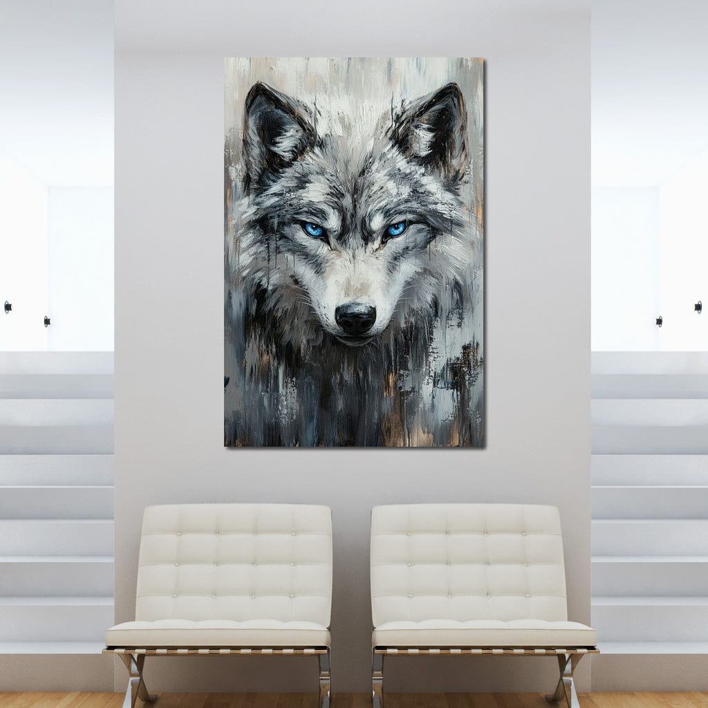 tablou canvas cu un lup cu ochi albastri, pictat in nuante de gri si auriu pe fundal deschis