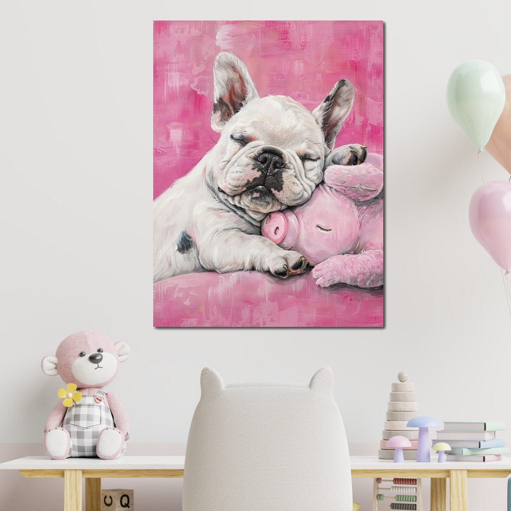 tablou canvas cu un bulldog francez alb imbratisand si dormind cu un porcusor mic si roz, pe fundal in roz vibrant stil pictura