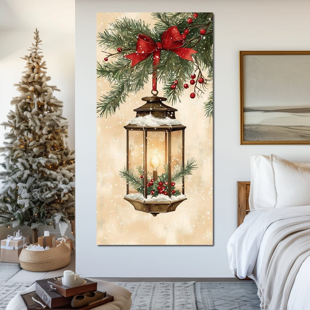 Tablou Canvas Premium LuxCanva® D1059, Felinarul Impodobit , Felinar, Brad, Lumina, Auriu, Casa, Zapada, Living Room, Culori vibrante