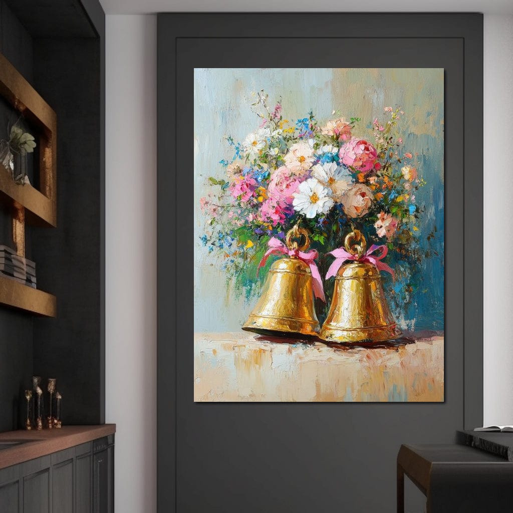 Tablou Canvas Premium LuxCanva® D1028, Clopotei Inflorati , Bujori, Clopotei, Aurii, Decoratiuni, Buchet, Living Room, Culori vibrante