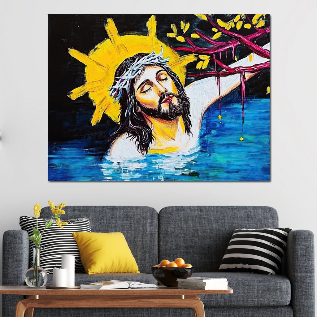 Tablou Canvas Premium LuxCanva® H1054, Jertfa si Lumina, Iisus, Sacrificiu, Iertare, Lumina, Sange, Apa, Ramuri, Coroana, Arta Religioasa Moderna, Living, Dormitor