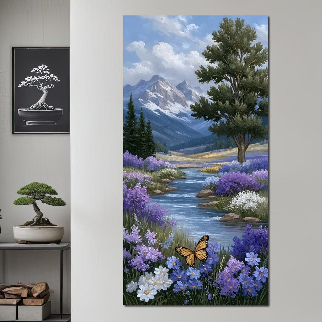 tablou canvas cu un fluture zburand deasupra unui rau cu flori violet, intr-un peisaj montan