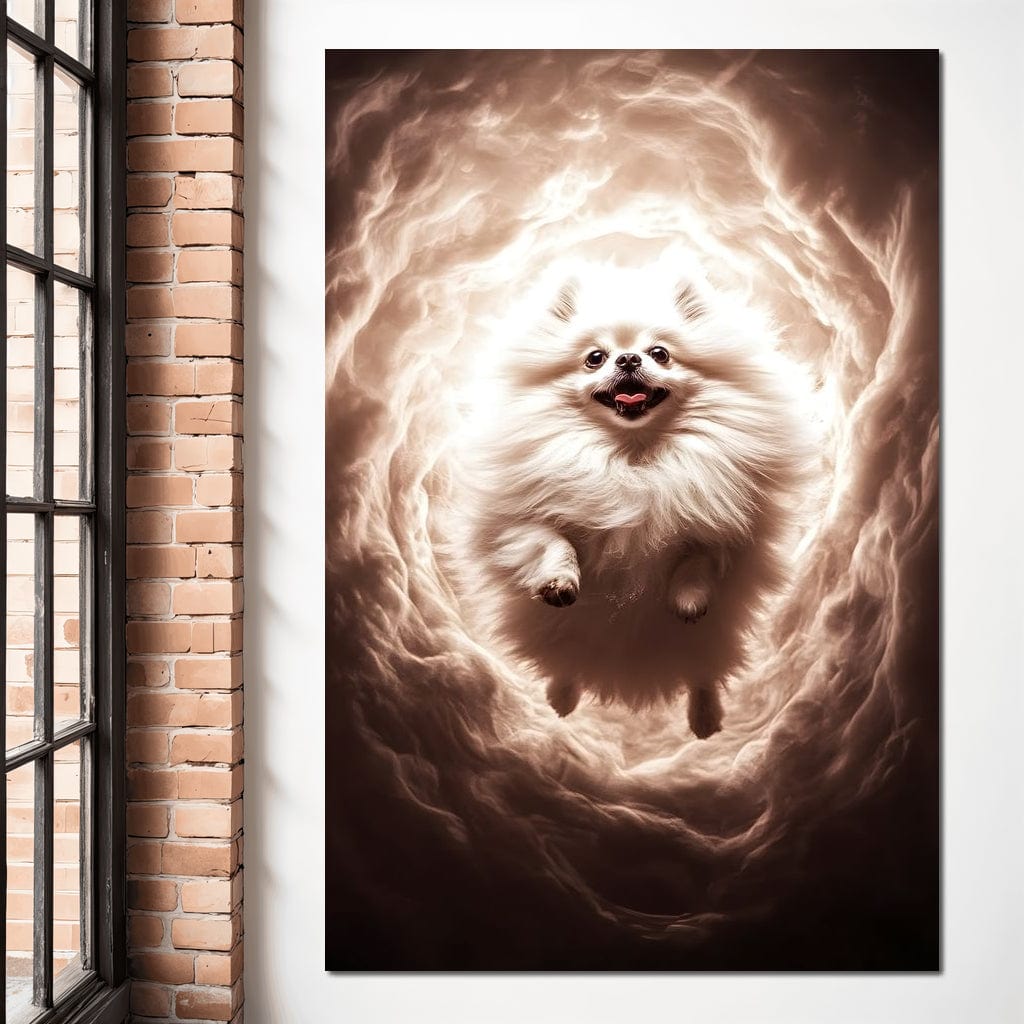 tablou canvas cu un caine pomeranian alb in saritura printr-un vortex eteric de lumina si texturi vaporoase