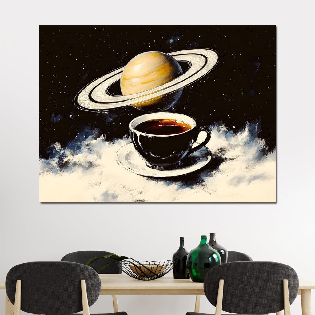 tablou canvas cu o ceasca de cafea neagra, pe fundal intunecat cu stele si planeta Saturn