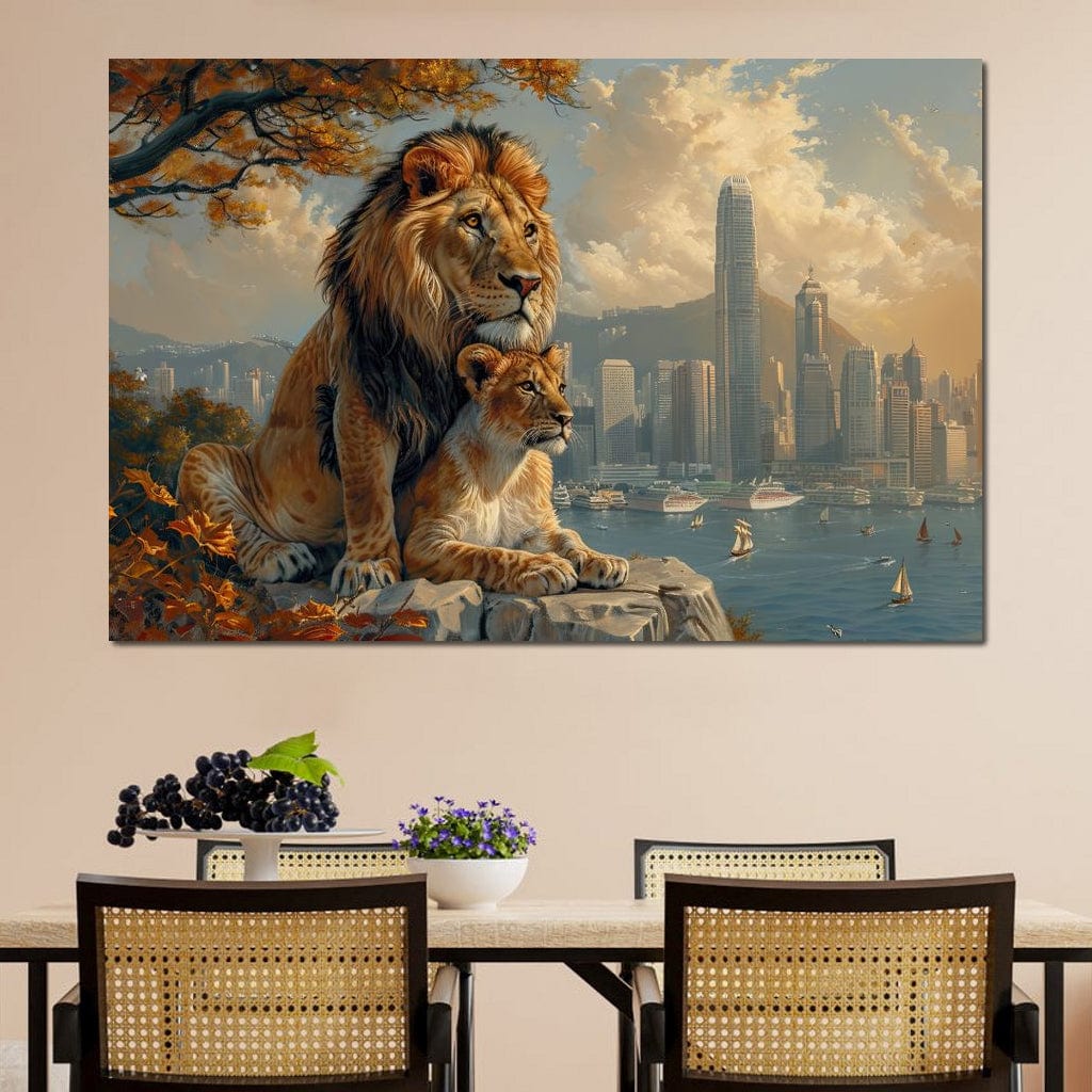 tablou canvas cu un leu si o leoaica privind in zare sub un copac, pe fundal urban cu apa si cladirile unui oras