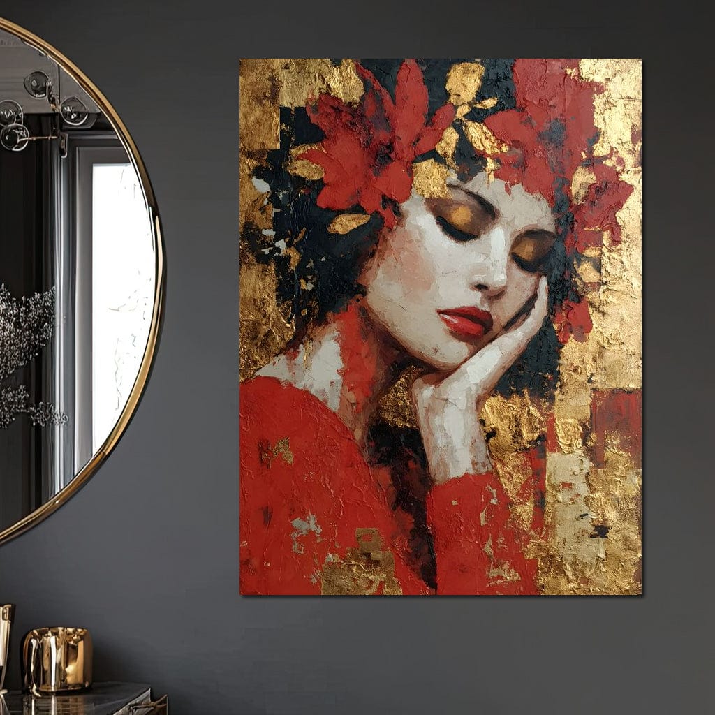 Tablou Canvas Premium, LuxCanva® G1227, Rasuflarea Luminii, Visare, Aur, Rosu, Tacere, Toamna, Catifea, Ganduri, Melancolie, Flori, Portret, Rafinament, Mister, Pasiune, Salon, Living, Dormitor