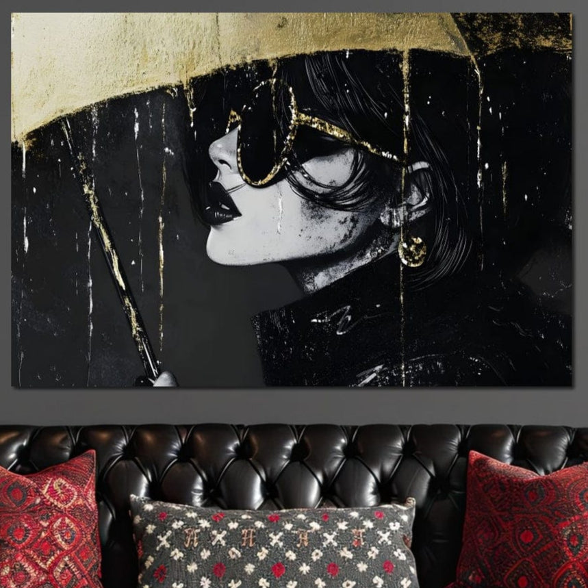 Tablou Canvas Premium, LuxCanva® G1153, Magia Ochelarilor Negrii, Nocturn, Portret, Umbrela, Aurie, Fashion, Diva, Eleganta, Lux, Enigmatica, Detectiv, Secret, Birou, Living, Dormitor