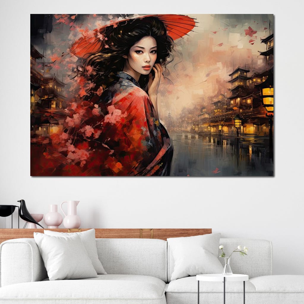 Tablou Canvas Premium, LuxCanva® G1116, Eleganta Japoneza, Gheisa, Vant, Ciresi, Nipona, Umbrela, Rosie, Kyoto, Asiatica, Living, Dormitor