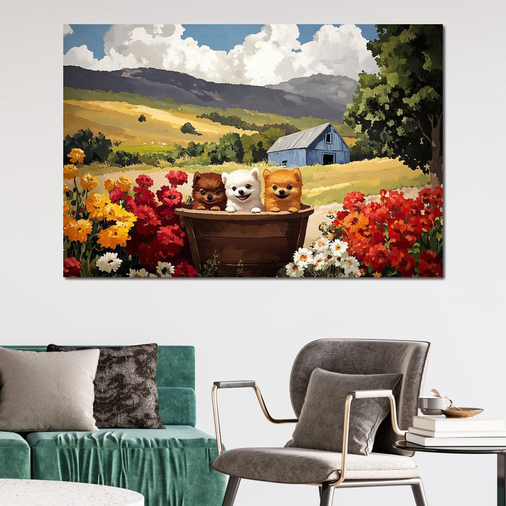 tablou canvas cu trei catelusi intr-un butoias de lemn in mijlocul unei gradini inflorite, pe fundal de dealuri aurii si un hambar albastru